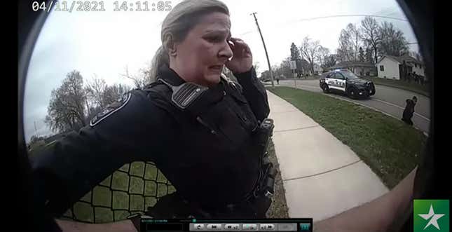 In this screen grab police body cam video is shown in court on Friday, Dec. 10, 2021 at Hennepin County Courthouse in Minneapolis, Minn., former Brooklyn Center police Officer Kim Potter reacts after a traffic stop in which Daunte Wright was shot on April 11, 2021. Potter is charged with first- and second-degree manslaughter in the April 11 shooting of Wright, a 20-year-old Black motorist, following a traffic stop in the Minneapolis suburb of Brooklyn Center. 