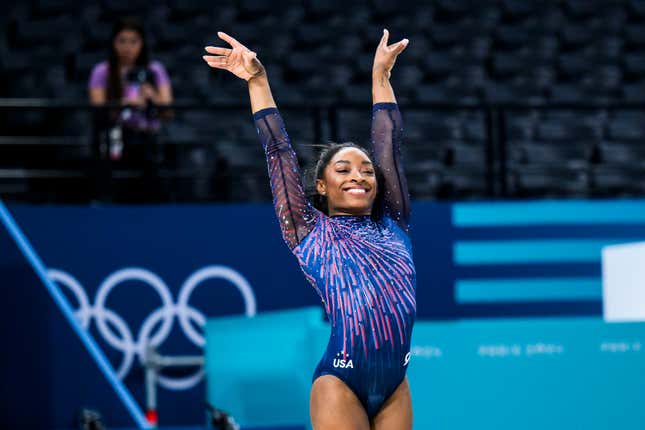 PARIS, FRANCE - JULY 25: Simone Biles of Team United States smiles during a Gymnastics training session ahead of the Paris 2024 Olympics Games on July 25, 2024 in Paris, France. 