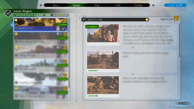 Final Fantasy VII Rebirthのサイドクエストの進行状況を示すマップのスクリーンショット。