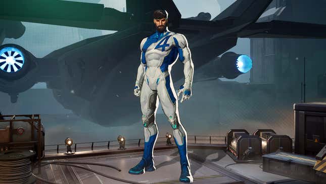 Mr. Fantastic stands in a hangar.