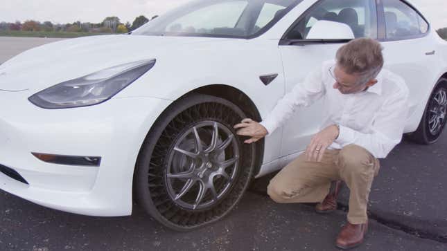 Image for article titled Watch Goodyear Test Airless Tires On A Tesla Model 3