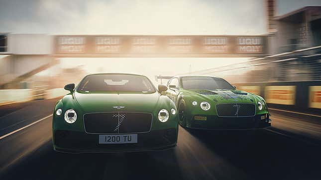 A photo of the limited edition Bentley alongside the race car that inspired it. 