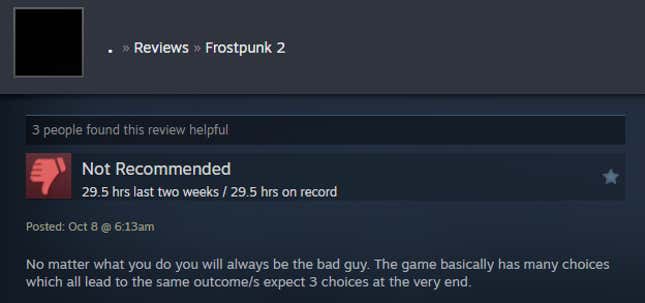 Image for article titled Frozen City Builder Frostpunk 2, As Told By Steam Reviews