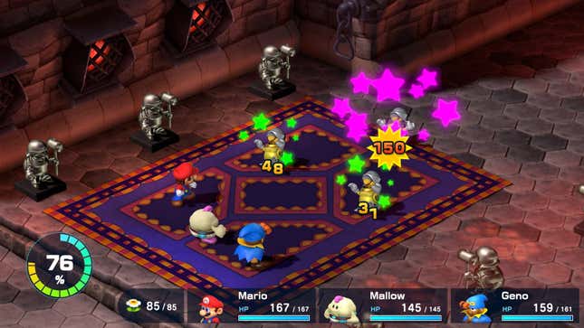 Mario y sus amigos luchan en un campo de batalla isométrico. 