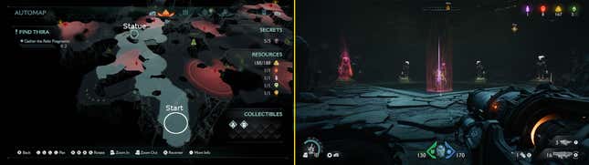 A side-by-side image shows a map and the location of a statue.
