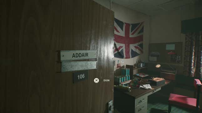 A character's private quarters shows a large Union Jack flag.