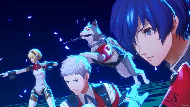 Aigis, Akihiko, Koromaru, and Makoto prepare to charge into battle.