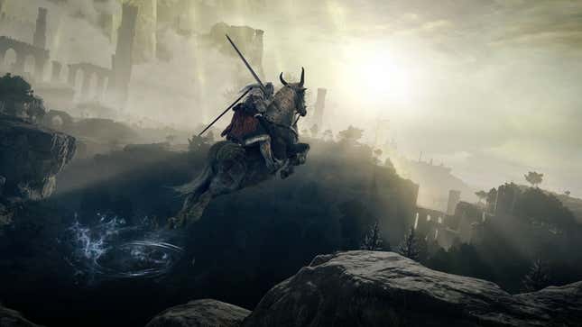 An Elden Ring screenshot depicting the Tarnished player character riding atop the ethereal stead Torrent, jumping through the air in the Lands Between.