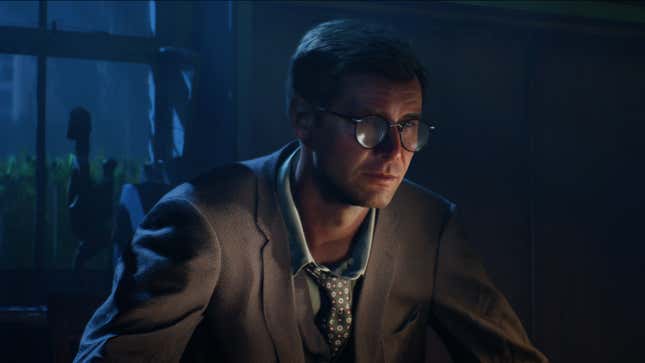 Indiana Jones stares off into space while wearing glasses.