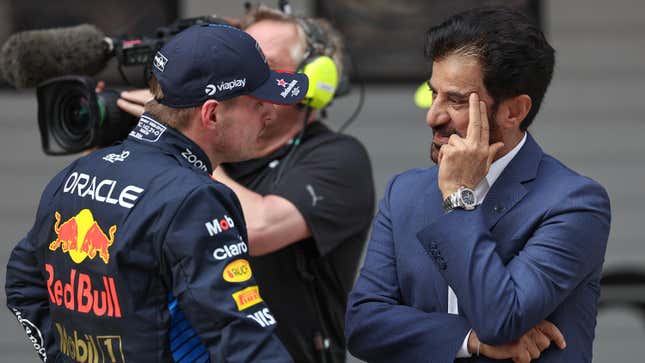 Max Verstappen of the Netherlands and Oracle Red Bull Racing and Mohammed Ben Sulayem of UAE and FIA President in parc feme during qualifying ahead of the F1 Grand Prix of China at Shanghai International Circuit on April 20, 2024 in Shanghai, China.