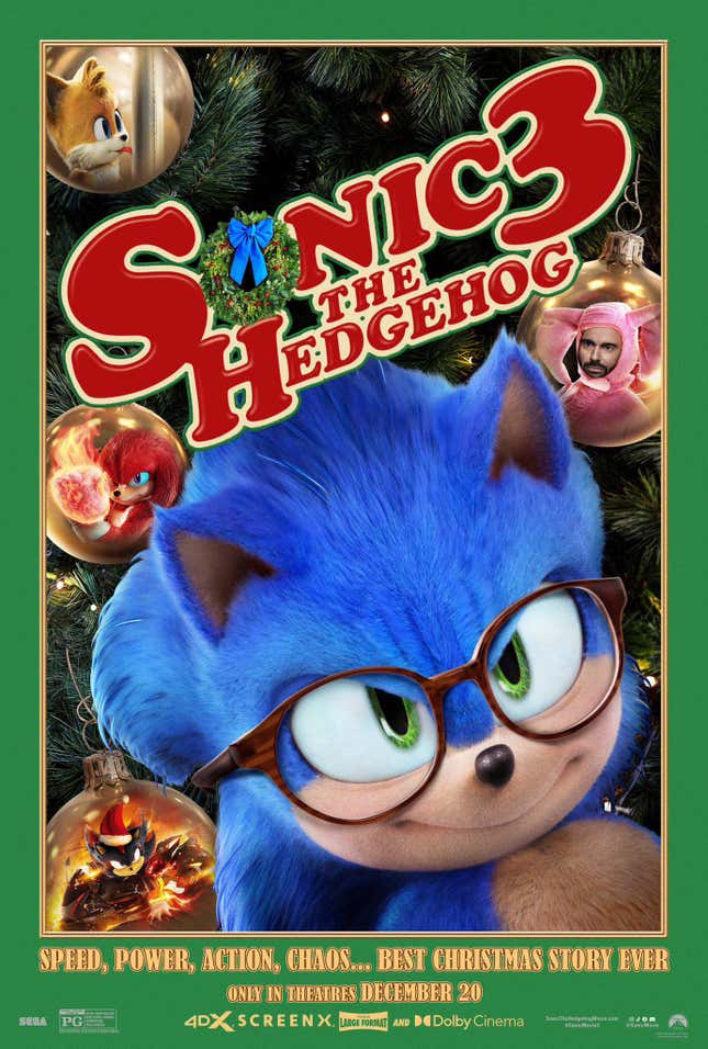 Un póster de Sonic con gafas delante de un árbol de Navidad con Shadow, Tails, Stone y Knuckles apareciendo en los adornos.