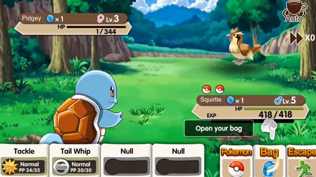 A Squirtle fights a Pidgey in a Pokemon clone. 