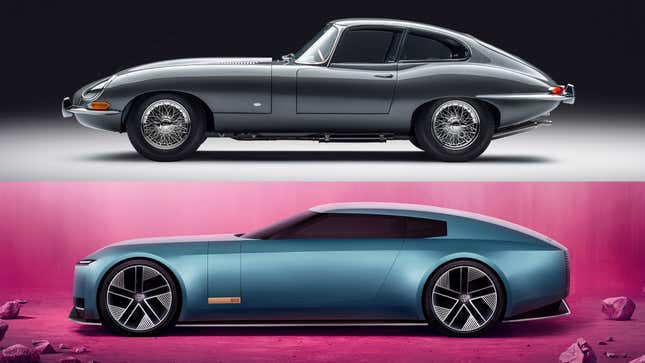 Collage zeigt die Seitenansichten eines grauen Jaguar E-Type Coupés und des blauen Jaguar Type 00 Konzepts