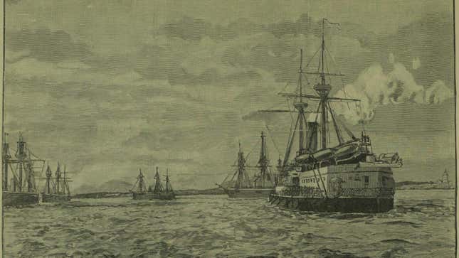 The Naval Manoeuvres, Admiral Sir George Tryon's fleet taking Waterford, from sketches by our special artist. Illustration for The Illustrated London News, 24 August 1889.