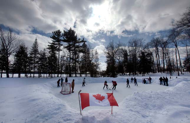 Youths play pond hockey near the town of Bobcaygeon, Canada.