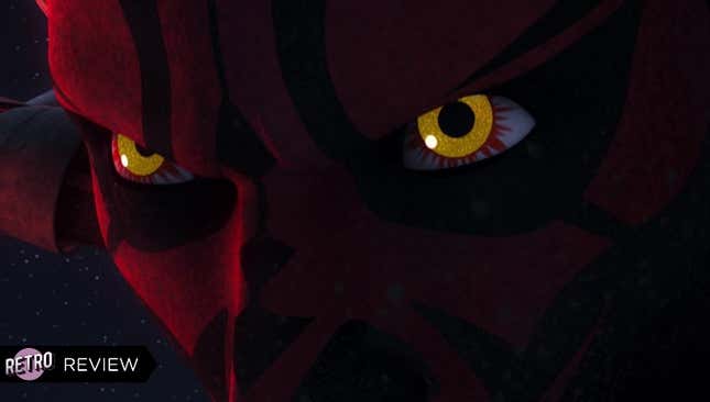 A close up of Darth Maul's eyes.