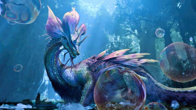 Bubbles surround a Mizutsune in a forest.
