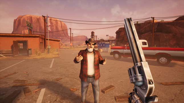 A screenshot shows an old man talking to a person holding a big revolver. 