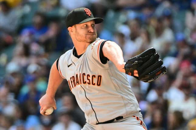 May 28, 2023; Milwaukee, Wisconsin, USA; San Francisco Giants pitcher Alex Cobb (38) pitches against the Milwaukee Brewers in the fourth inning at American Family Field.
