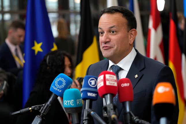 Ireland&#39;s Prime Minister Leo Varadkar speaks with the media as he arrives for an EU summit at the European Council building in Brussels, Thursday, Oct. 26, 2023. European Union leaders gather Thursday for a two day meeting to discuss, among other issues, Ukraine and the impact of the war between Israel and Hamas. (AP Photo/Virginia Mayo)