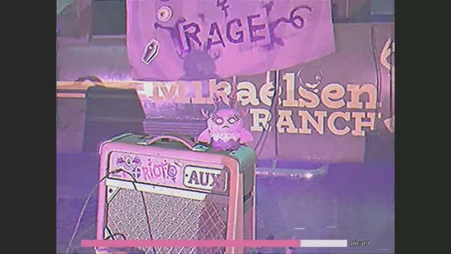 Moth Girl sits on a guitar amp.
