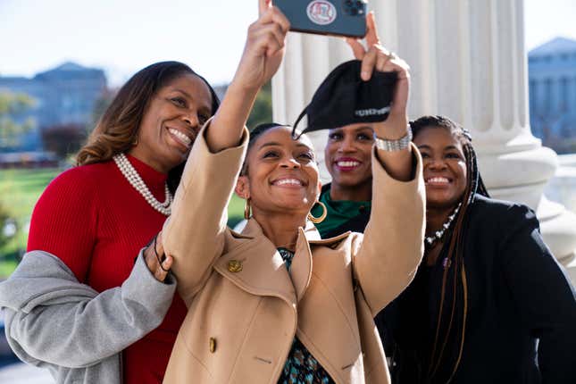 UNITED STATES - NOVEMBER 19: From left, Del. Stacey Plaskett, D-V.I., Reps. Shontel Brown, D-Ohio, Ayanna Pressley, D-Mass., and Cori Bush, D-Mo., 