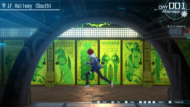 A character runs past the camera while posters with Egyptian-themed hieroglyphics line the walls.