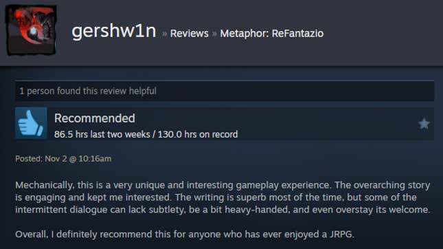 A screenshot shows a Steam review for Metaphor: ReFantazio.