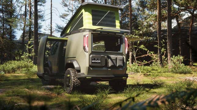 a render of the wkndr van parked on grass in front of trees with a rooftop popped up and door extended