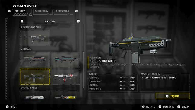 SG-225 Breaker weapon select page in Helldivers 2.