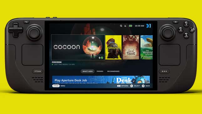 A Steam Deck shows a collection of games.