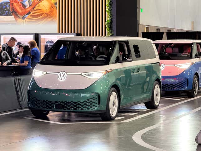 Front 3/4 view of a green Volkswagen ID Buzz