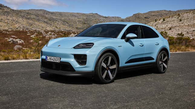 Front 3/4 view of a blue Porsche Macan Electric