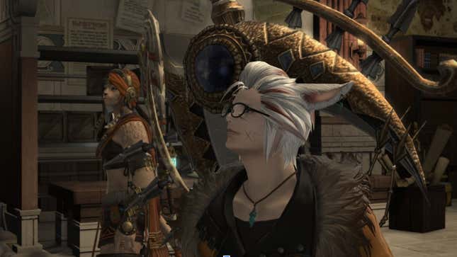 Two Final Fantasy XIV characters look off-screen.