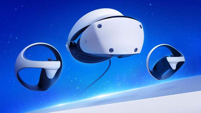 A PS VR2 headset floats in space. 