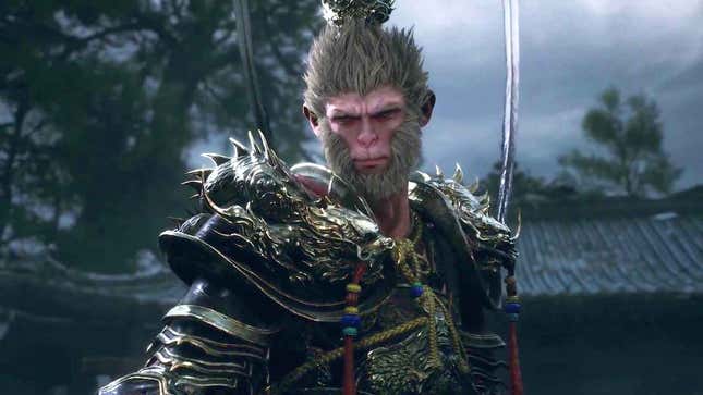 A monkey man in armor looks towards the camera