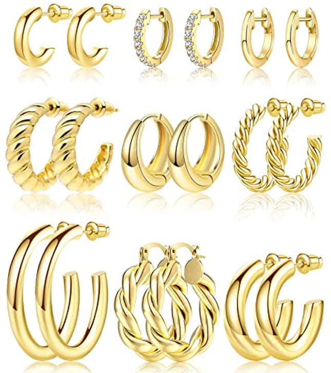 Image for article titled Adoyi Gold Hoop Earrings Set for Women Girls Trendy 14K Plated Gold Hoops Small Chunky Earrings Twisted Huggie Ear ring Pack Lightweight 9 Pairs Jewelry Set for Valentines Mother's Day Birthday Gifts, Now 30% Off