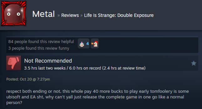 A screenshot shows a Steam review of Life is Strange: Double Exposure.