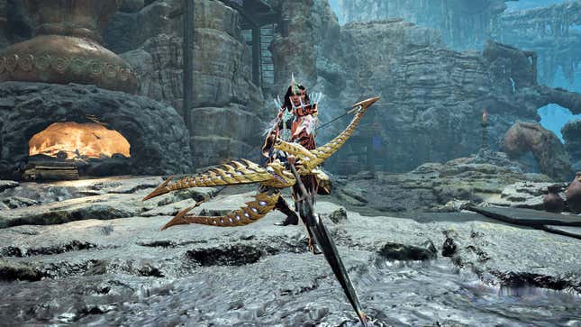 A hunter in Rey Dau Gamma Armor wields a Rey Dau-made Bow.
