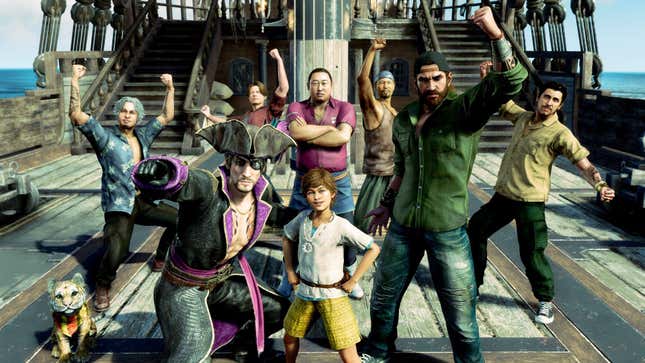 A screenshot of the early game crew in Like a Dragon: Pirate Yakuza in Hawaii.