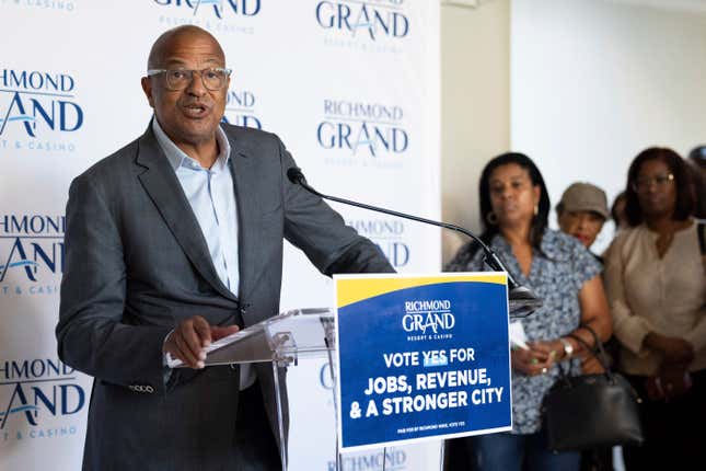 FILE - Alfred Liggins, III, CEO of Urban One, Inc., speaks about plans for a resort, casino, and entertainment complex during a news conference, Aug. 31, 2023, in Richmond, Va. Voters in Virginia&#39;s capital city will decide on Tuesday, Nov. 7, whether developers can move forward with a proposed $562 million resort casino along Interstate 95. (Mike Kropf/Richmond Times-Dispatch via AP, File)