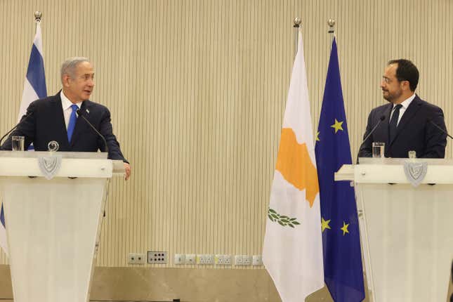 Cypriot president Nikos Christodoulides, right, and Israeli Prime Minister Benjamin Netanyahu talk to the media during a press conference after their meeting at the presidential palace in capital Nicosia, Cyprus, on Sunday, Sept. 3, 2023. An official statement said Christodoulides and Netanyahu will touch on expanding energy cooperation and bilateral ties, as well as Israel&#39;s relations with the European Union. The leaders&#39; meeting comes a day ahead of a trilateral meeting that will include Greek Prime Minister Kyriakos Mitsotakis. (Iakovos Hatzistavrou Pool via AP)