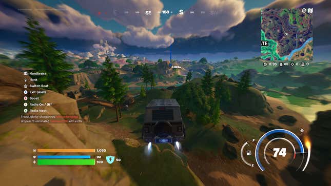 Driving a car in the sky for battle pass-based reasons.