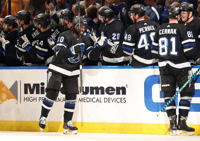 Mar 9, 2024; Tampa, Florida, USA; Tampa Bay Lightning left wing Anthony Duclair (10) is congratulated after he scores a goal against the Philadelphia Flyers during the second period at Amalie Arena.