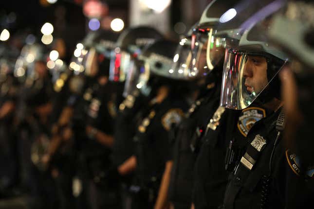 New York Police Department (NYPD) officers gather during a rally on May 31, 2020, in New York City.