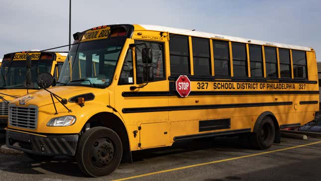 Philadelphia School District buses are parked in droves while public schools remain temporarily closed to in-person learning in Philadelphia, Pennsylvania, United States, on Thursday, January 6, 2022.