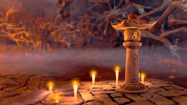 A burning lantern surrounded by candles.