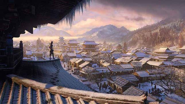 An assassin stands on a roof overlooking a snow covered city