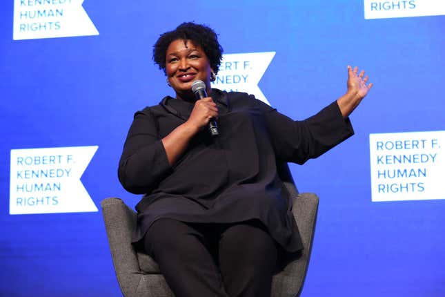 Stacey Abrams speaks onstage during the 2021 Robert F. Kennedy Human Rights Ripple of Hope Award Gala on December 09, 2021, in New York City. 