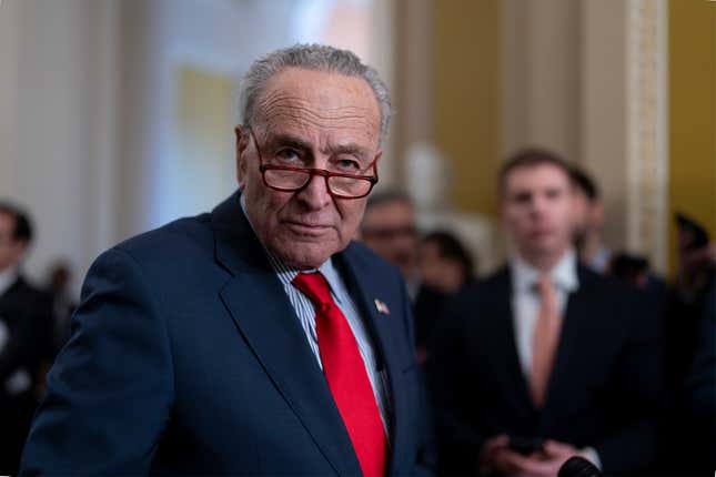 Senate Majority Leader Chuck Schumer, D-N.Y., speaks to reporters at the Capitol in Washington, Tuesday, March 12, 2024. (AP Photo/J. Scott Applewhite)